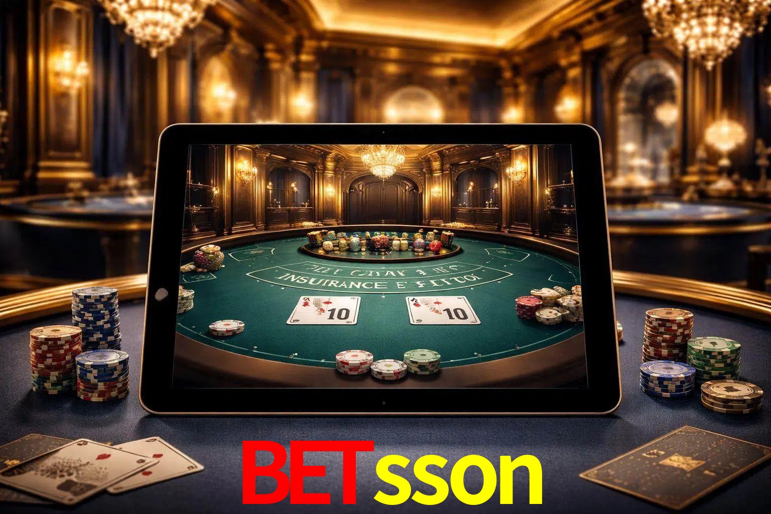 Configuración moderna de casino en vivo con una tableta mostrando una mesa de blackjack, luces cálidas de estudio y una atmósfera elegante de juegos digitales.
