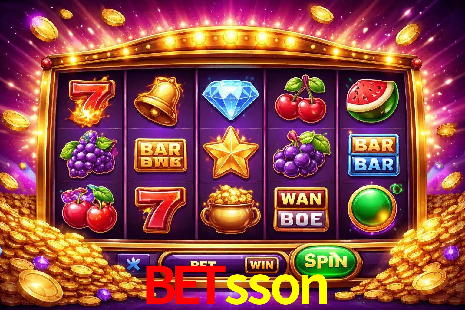 Una interfaz colorida de tragamonedas en línea con símbolos brillantes, monedas y un efecto de victoria celebratoria en betsson.