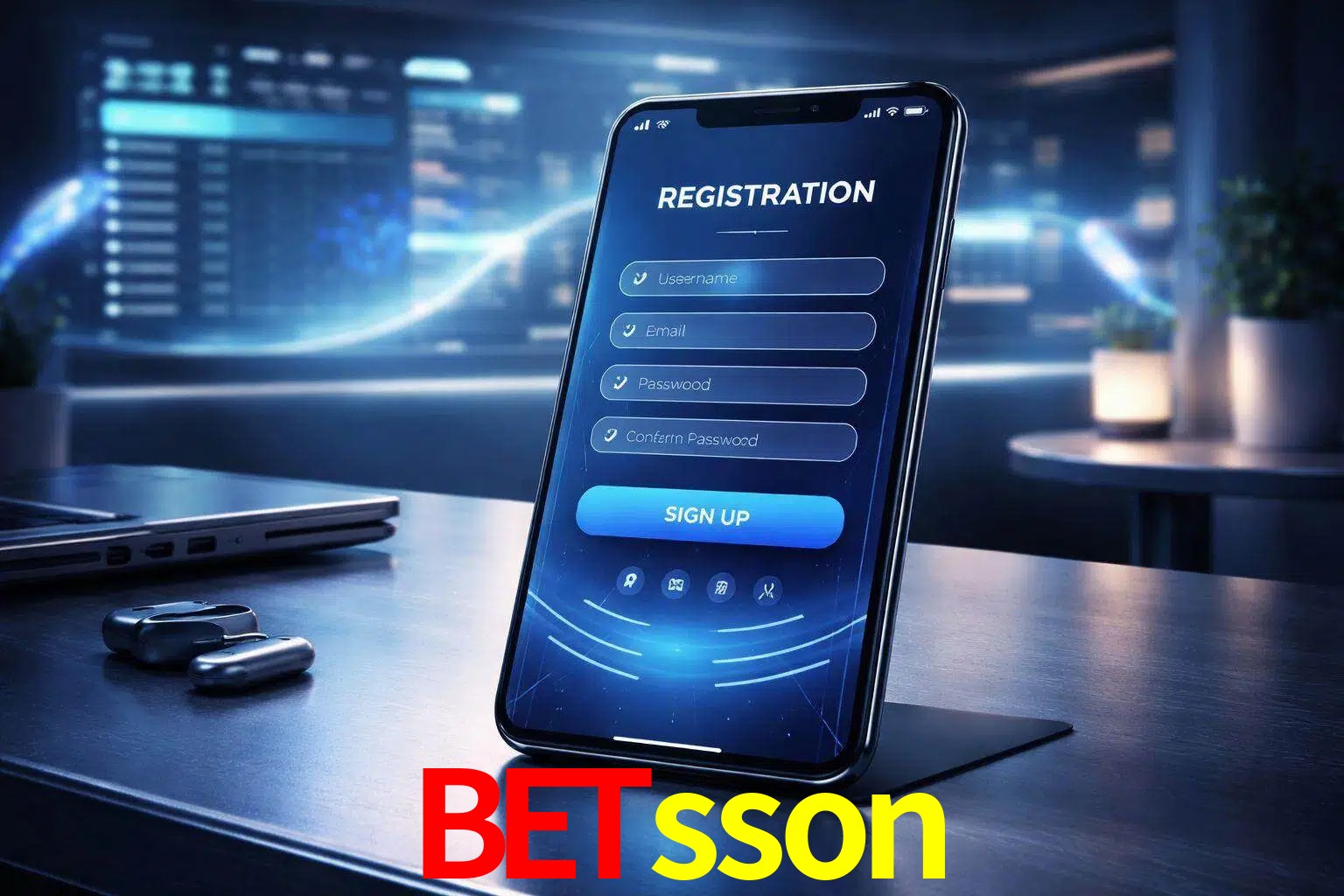 Una interfaz moderna de registro móvil para betsson mostrada en un smartphone con un panel de apuestas elegante.